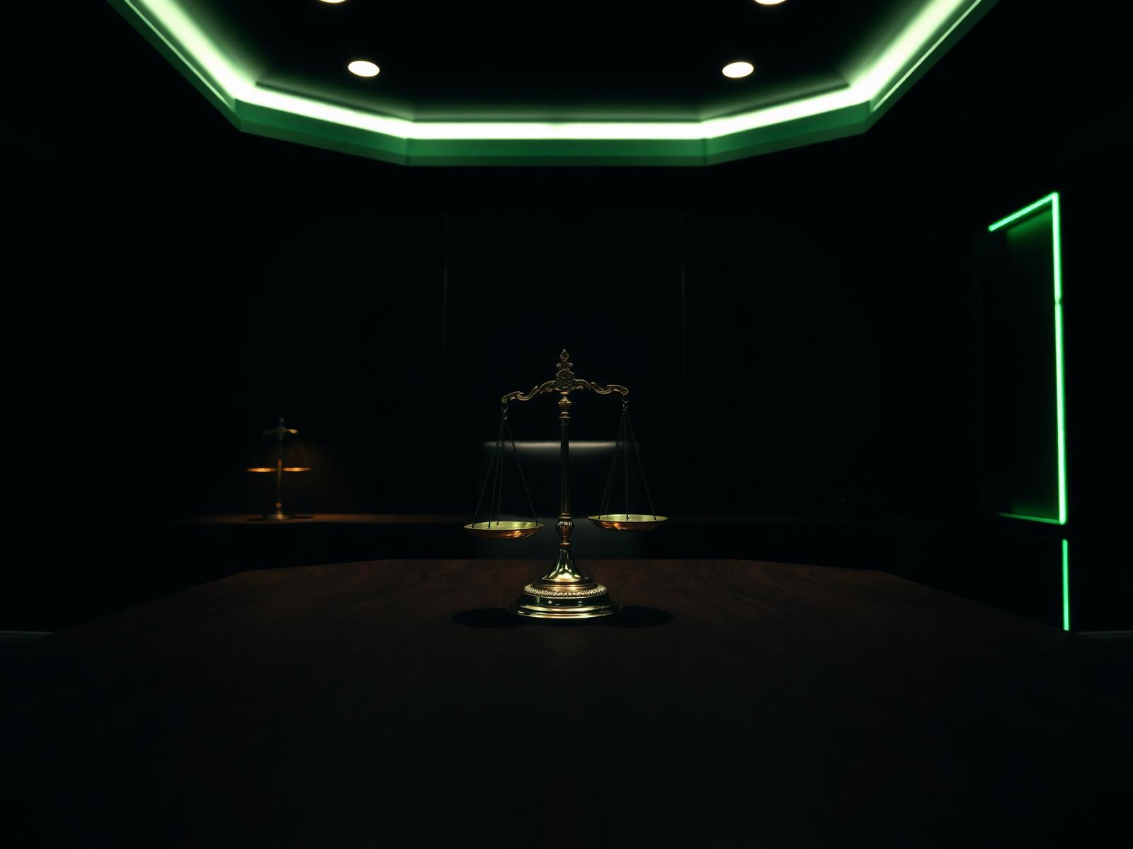Modern law office lit with emerald accent lighting and a brass justice scale